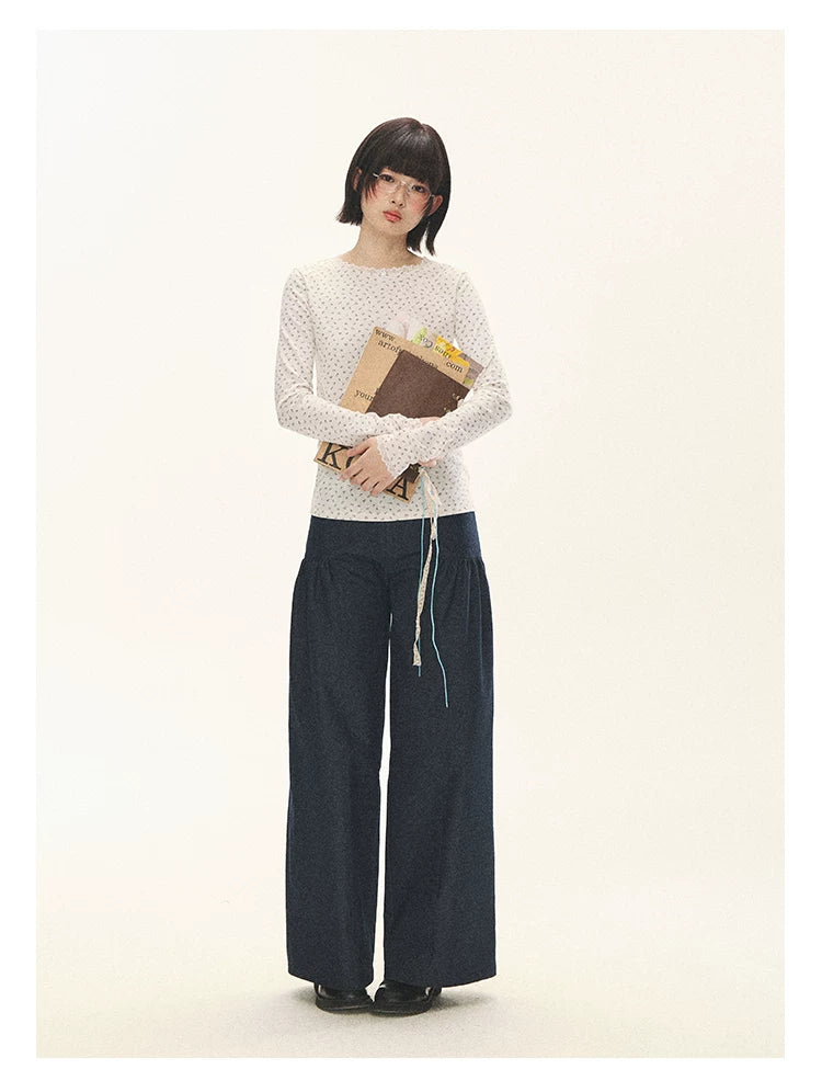 "Lazy Weekend" Deep Blue Ruched Wide Leg Jeans