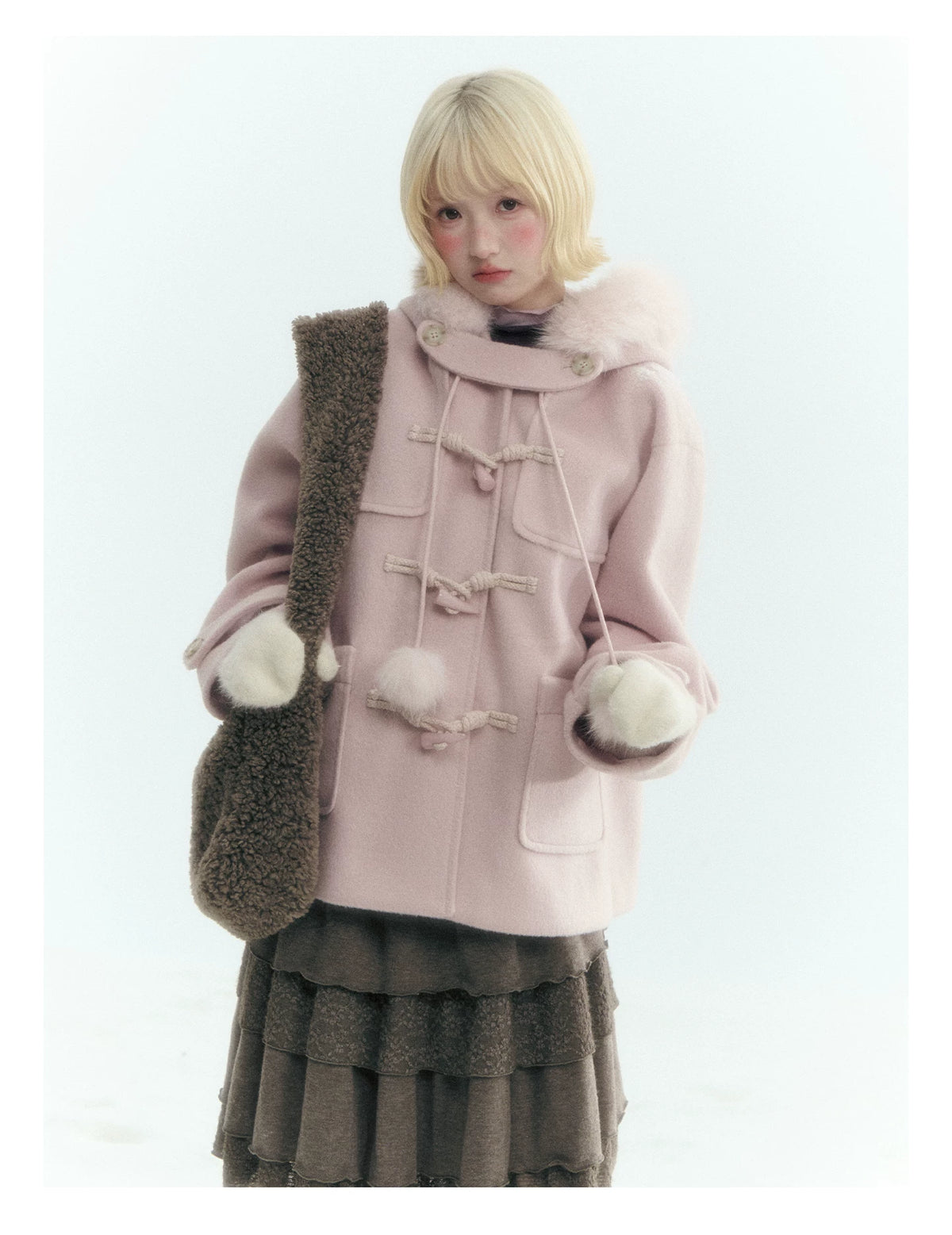 Horridale - Preppy Hooded Wool-Blend Duffle Coat with Pom-Pom Details – Mist Pink