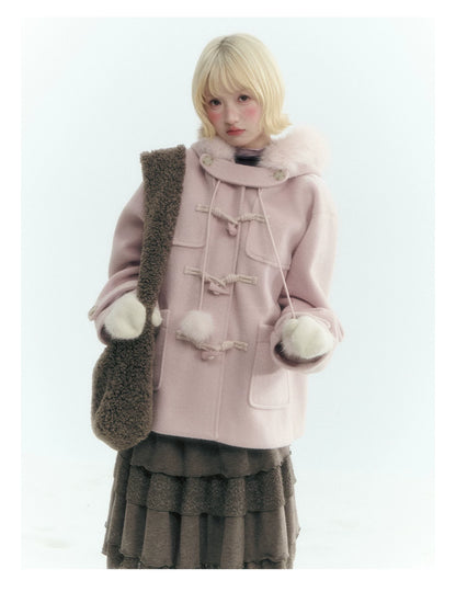 Horridale - Preppy Hooded Wool-Blend Duffle Coat with Pom-Pom Details – Mist Pink