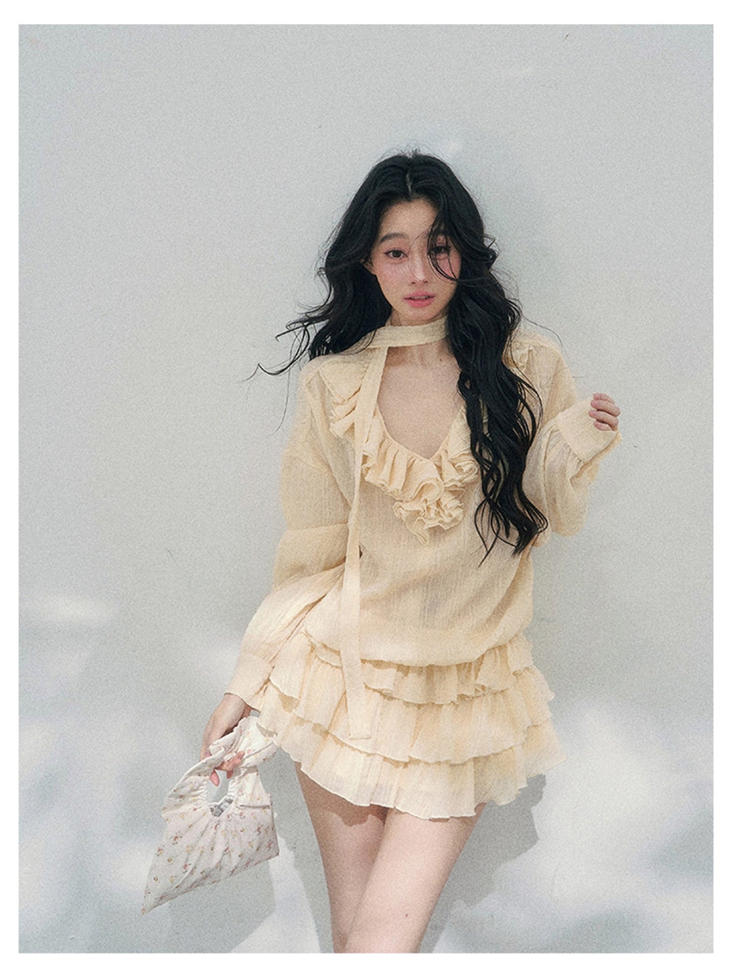 少也眼 “Evening Breeze Skirt” Milkshake Yellow Tiered Chiffon Mini Dress with Scarf Tie & Shorts 534583