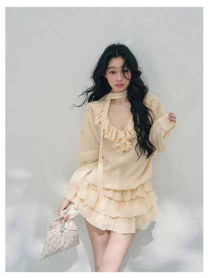 少也眼 “Evening Breeze Skirt” Milkshake Yellow Tiered Chiffon Mini Dress with Scarf Tie & Shorts 534583