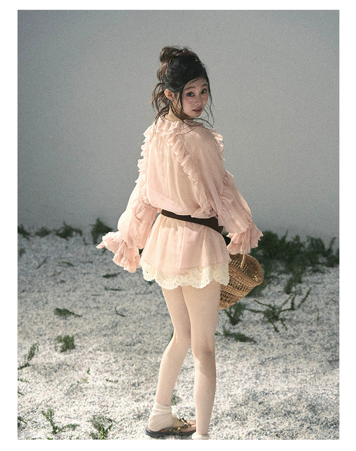 “Whispers of the Wind” Blush Pink Lace Chiffon Blouse (With Belt)
