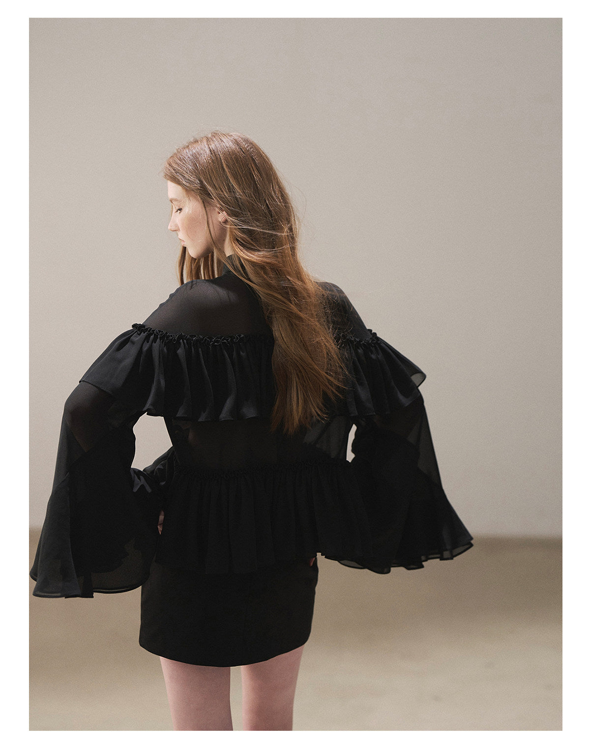 170726 "Veiled in the Evening Mist" Tranquil Black Ruffle Blouse