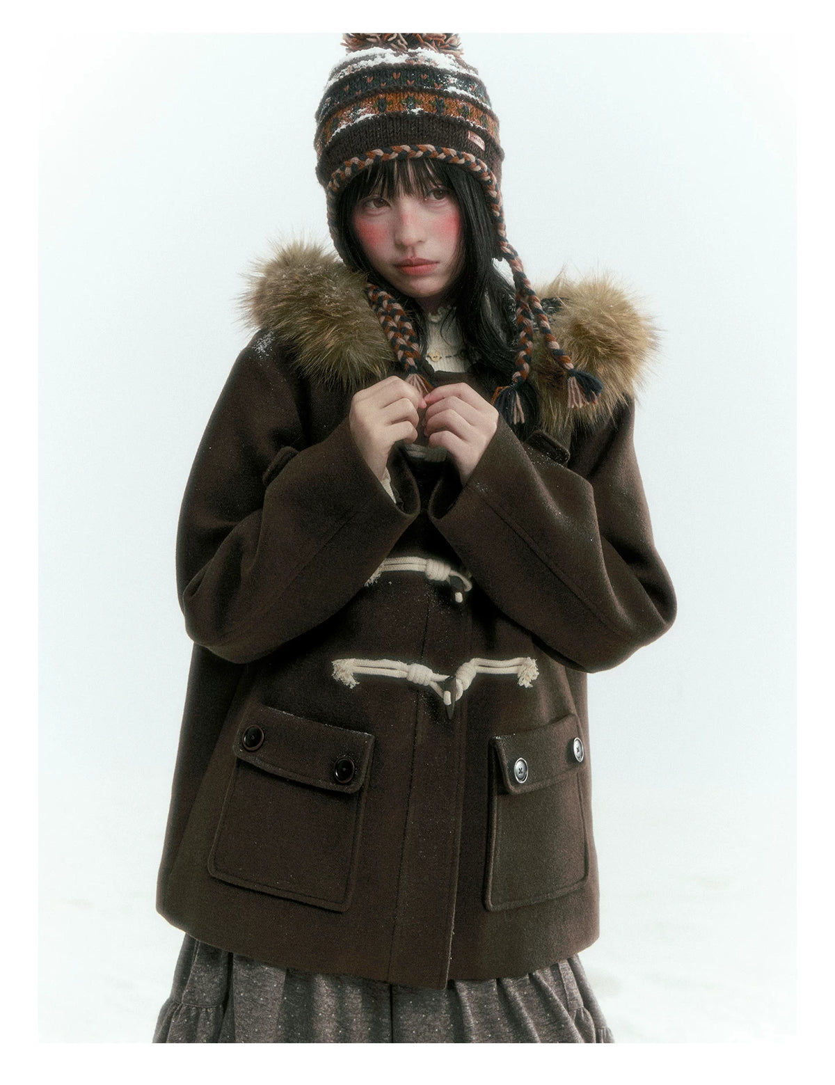Horridale - Dark Coffee Brown Cropped Hooded Toggle Coat with Detachable Faux Fur Collar