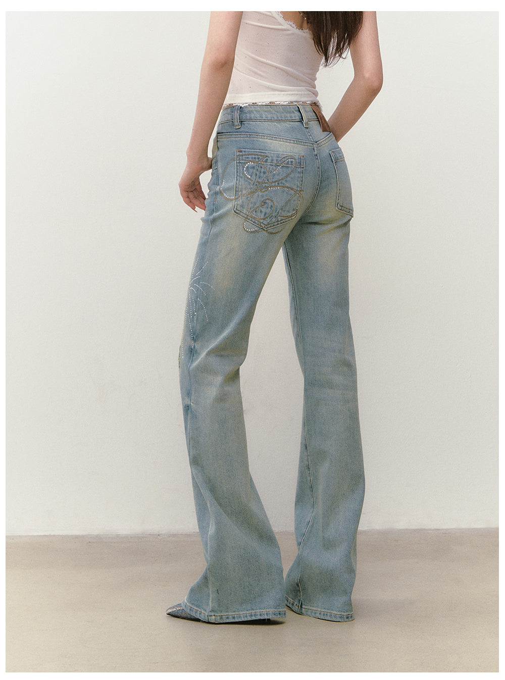 VIAPITTI - Rhinestone Firework Flare Jeans (White / Washed Blue)