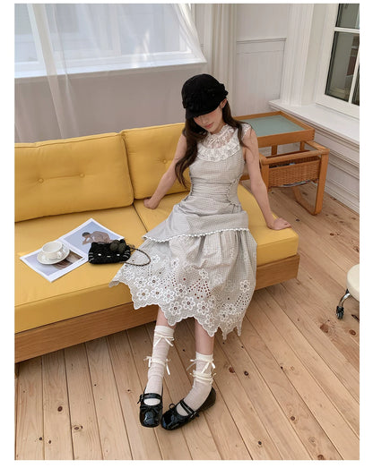 “Tea Garden Reverie” Light Apricot Plaid Embroidered Dress