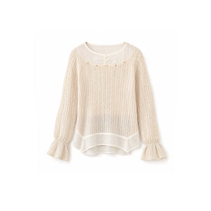 DAILY ARTIST - Almond Beige Lace-Trim Textured Knit Top