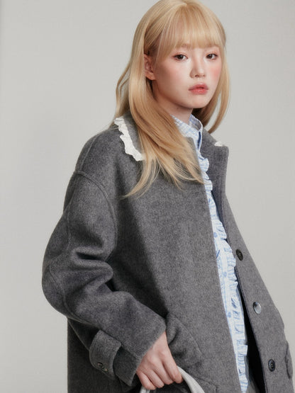 “Winter Cedar Lace Bow” Wool-Blend Loose-Shoulder Coat - Gray M6665