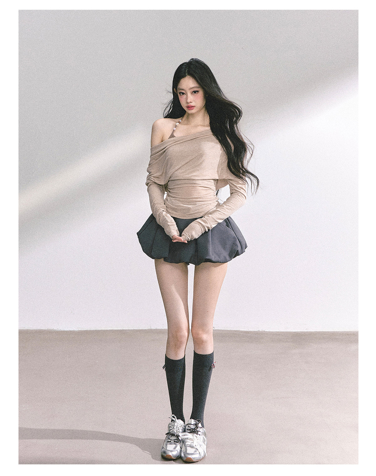 少也眼 "Soft Whisper" Korean Asymmetric Dual-Layer Off-Shoulder Top - Khaki