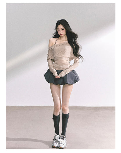 少也眼 "Soft Whisper" Korean Asymmetric Dual-Layer Off-Shoulder Top - Khaki