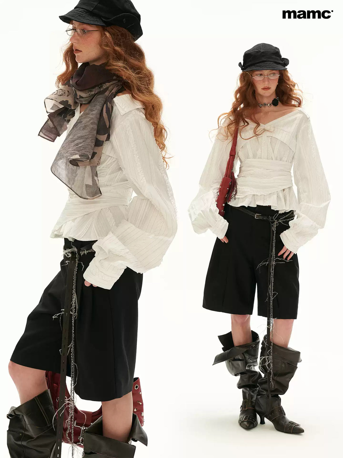 MAMC - White French-Inspired Ruffle Off-Shoulder Waist-Tie Blouse