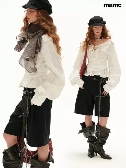 MAMC - White French-Inspired Ruffle Off-Shoulder Waist-Tie Blouse