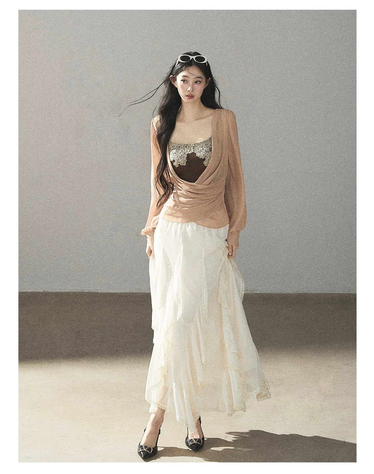 AOMALM - Cinnamon Blush Ruched Wrap Chiffon Top with Lace Cami Set