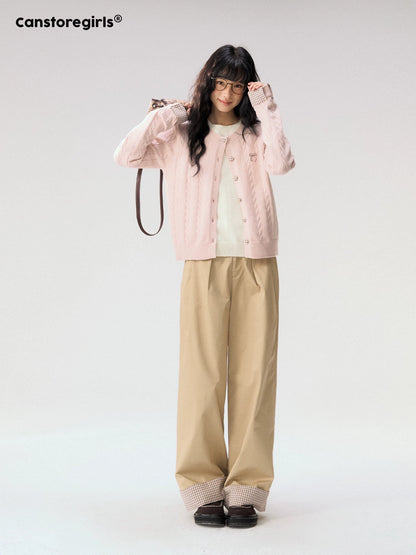 [CAN] "Strawberry Toast" Khaki Plaid Cuff Wide-Leg Pants