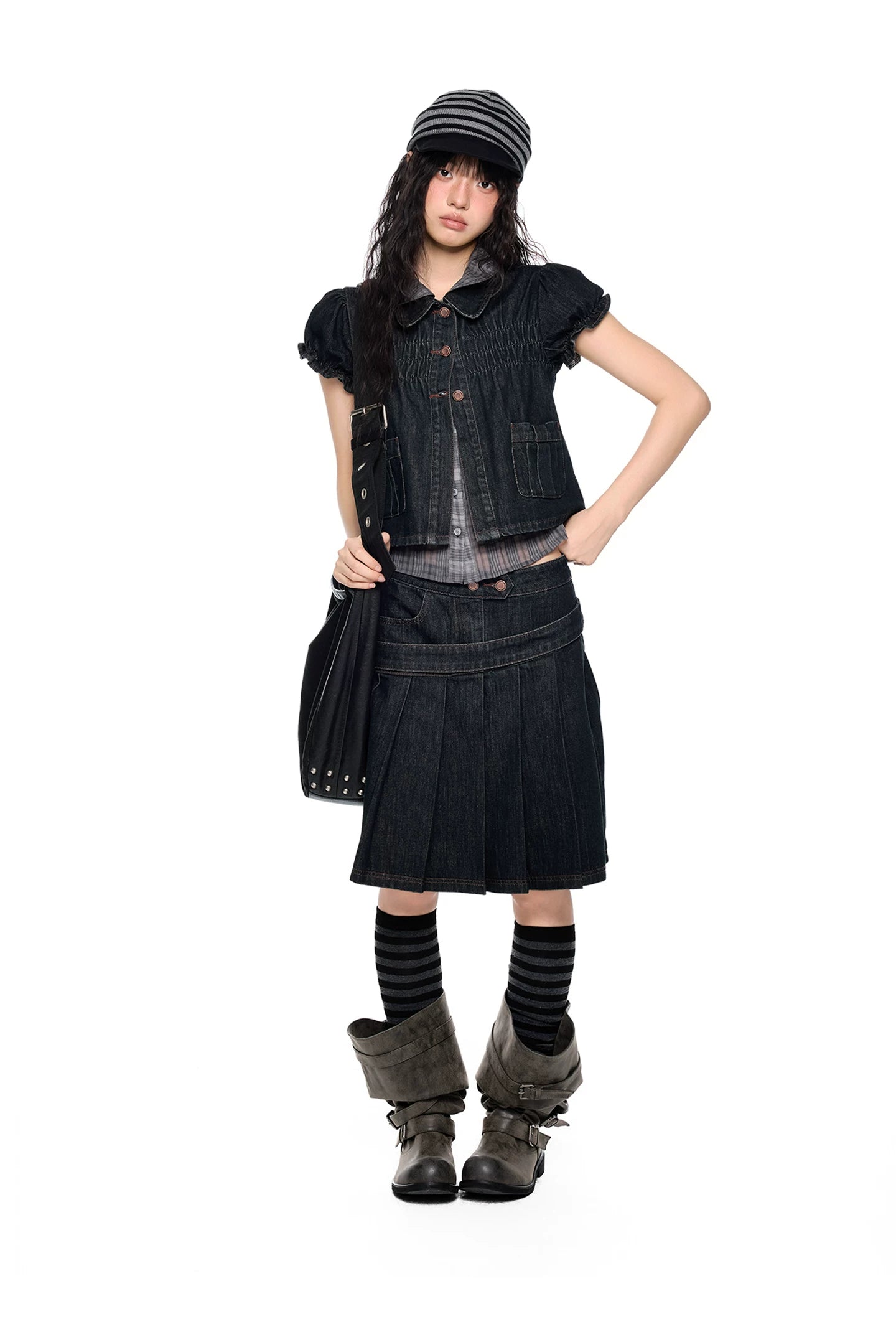 Vintage Peter Pan Collar Puff Sleeve Denim Set