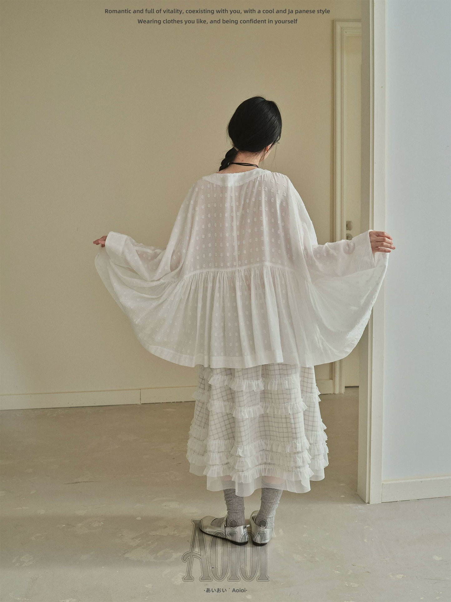 "Soft Polka Whisper" White Long Sleeve Babydoll Midi Dress