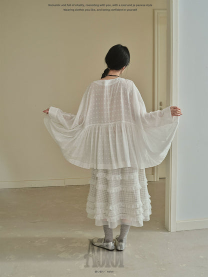 "Soft Polka Whisper" White Long Sleeve Babydoll Midi Dress