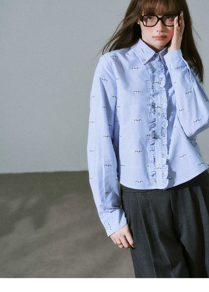 LOST FOREST - Blue Stripe Floral Jacquard Cropped Shirt