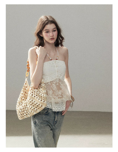 "Where the Waves Meet Her" Creamy Apricot White Lace Halter Sheer Top