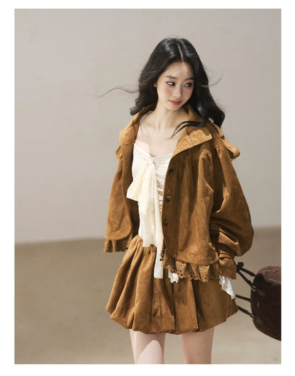 AOMALM - "Wind Through the Valley" Toasted Pecan Brown Faux Suede Jacket & Mini Skirt Set