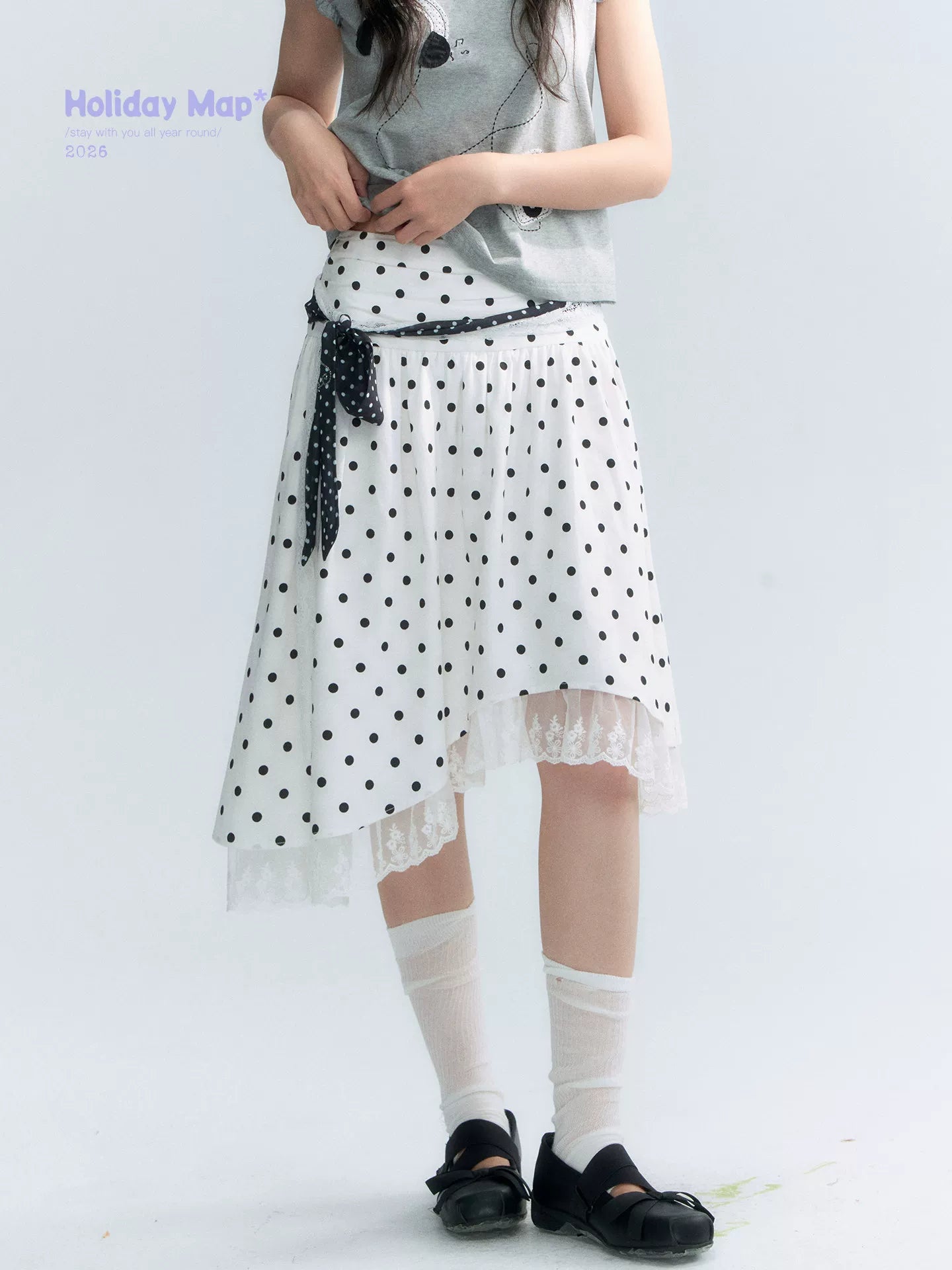 "Polka Poetry" Black & White Polka Dot Asymmetrical Cotton Skirt