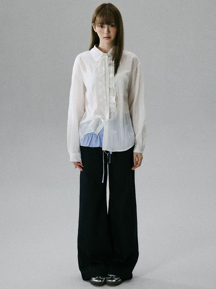 LOST FOREST - Ivory Asymmetrical Lyocell Tie-Strap Blouse with Ruffle Trim