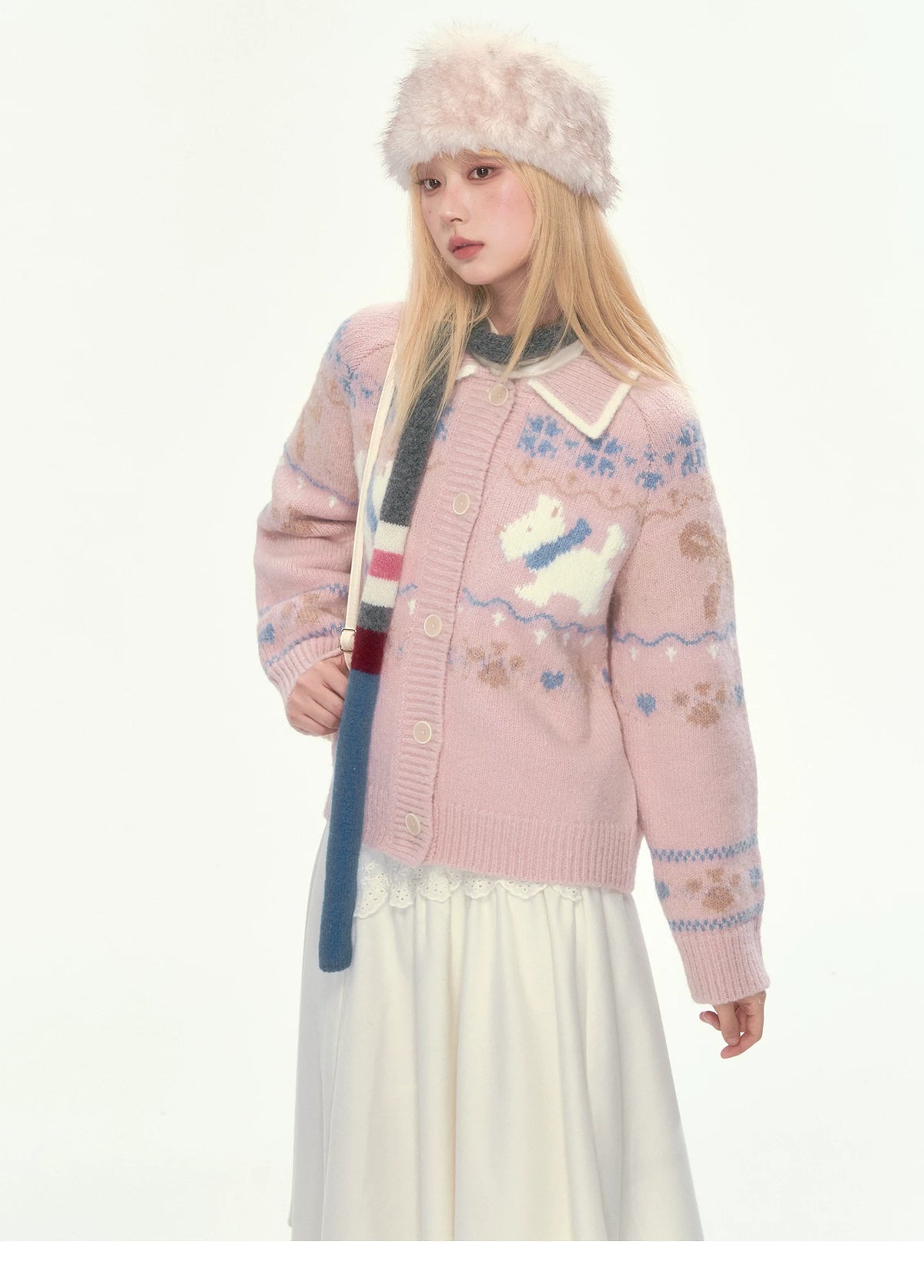 [CAN] Puppy Fair Isle Knit Sweater & Skirt Set (Gray / Pink)