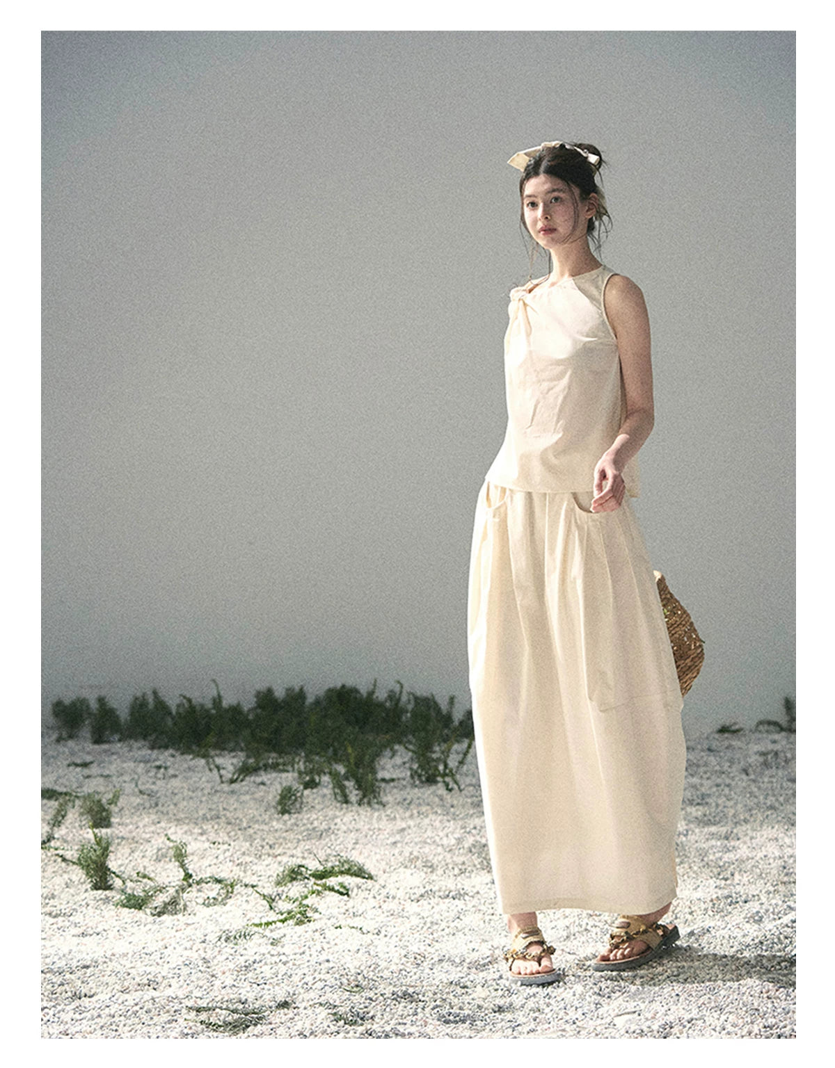 “Ivory Pleated Verse” Soft White Asymmetrical Twist Top & Skirt
