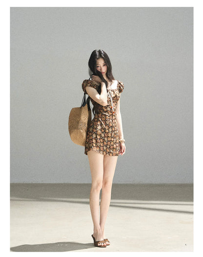 "Wildflowers & Freedom" Mocha Mousse Floral Puff Sleeve Mini Dress