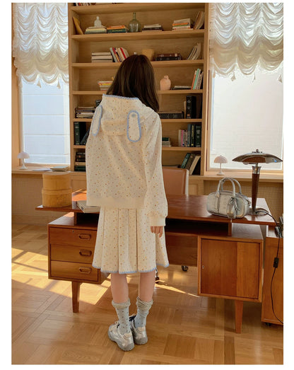 “Snow Bunny Reverie” Ivory Rabbit Ear Hoodie & Floral Pleated Mini Skirt