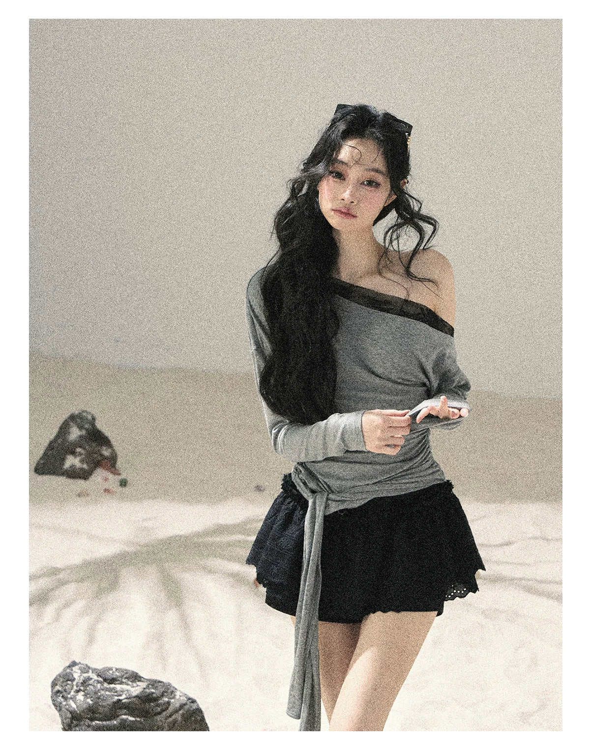 "Free Spirit" Moon Mist Gray Faux-Layer One-Shoulder Lace Top