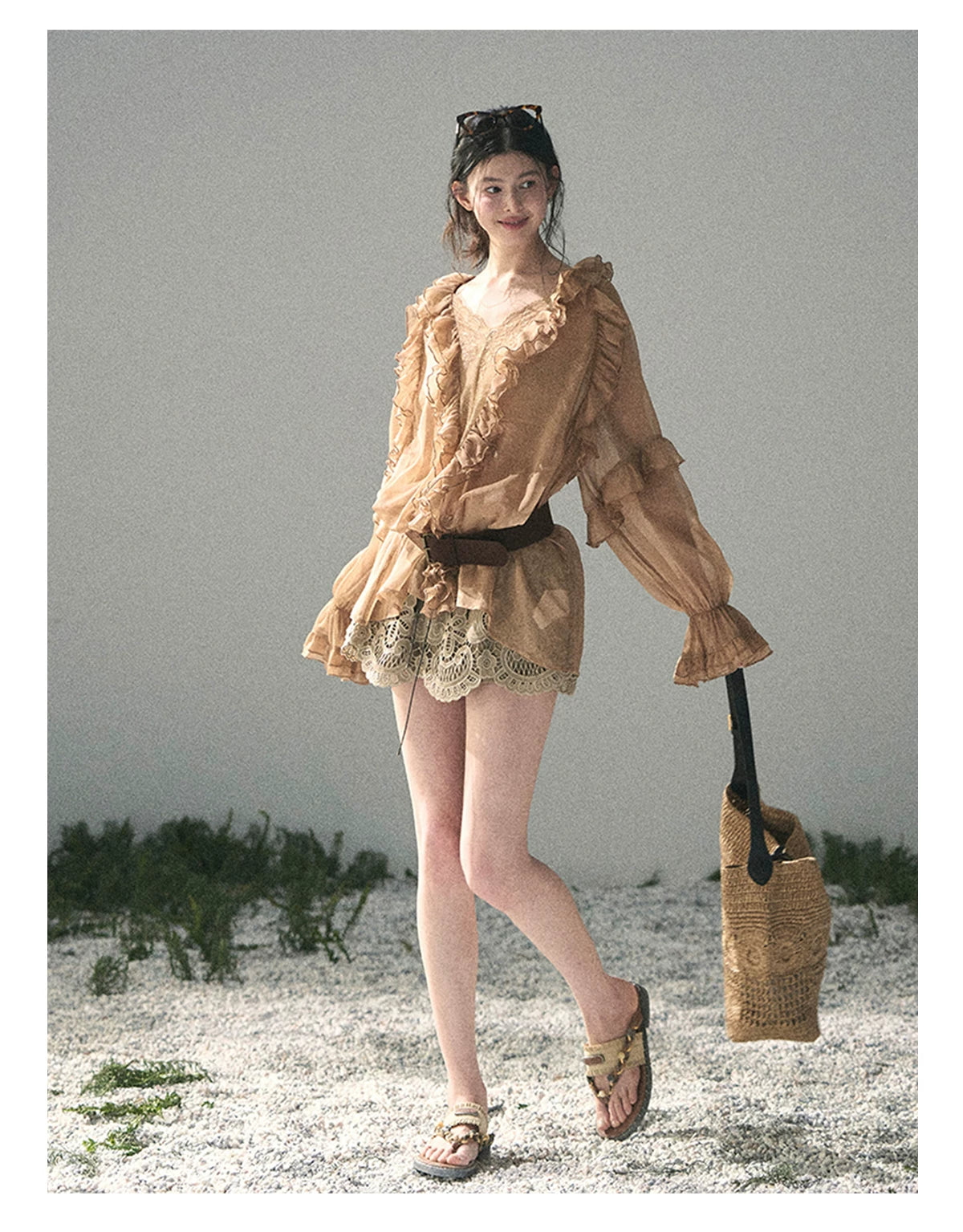 “Whispers of the Wind” Ash Caramel Lace Chiffon Blouse (With Belt)