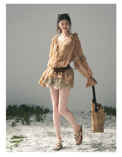 “Whispers of the Wind” Ash Caramel Lace Chiffon Blouse (With Belt)