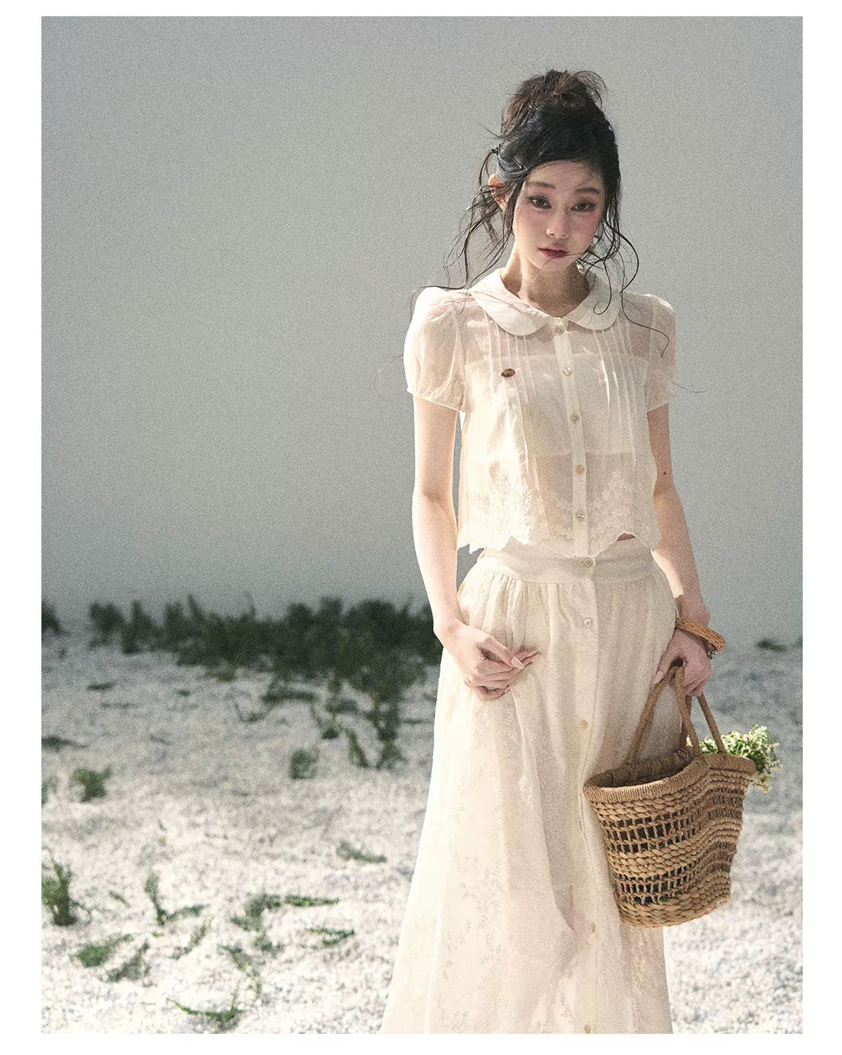 "Apricot Blossom After Rain" Dutch Cheese Lace Blouse & Maxi Skirt Set 532453