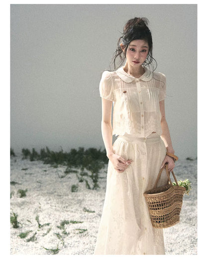 "Apricot Blossom After Rain" Dutch Cheese Lace Blouse & Maxi Skirt Set 532453