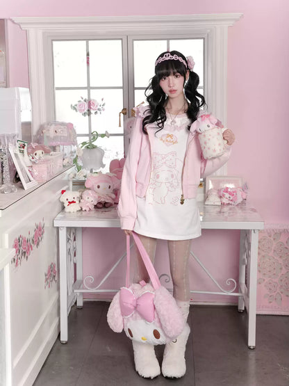 KYOUKO - Pink & White My Melody Ruffle-Trim Raglan Long-Sleeve T-Shirt