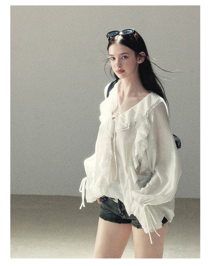 AOMALM - "A Featherlight Touch" French Camellia White Lace Chiffon Top with Belt (Camellia / Oatmeal / Cinnamon Pink)