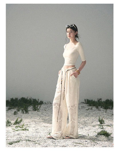 “Soft Winds in Lace” Ivory Lace Trim Fitted Top