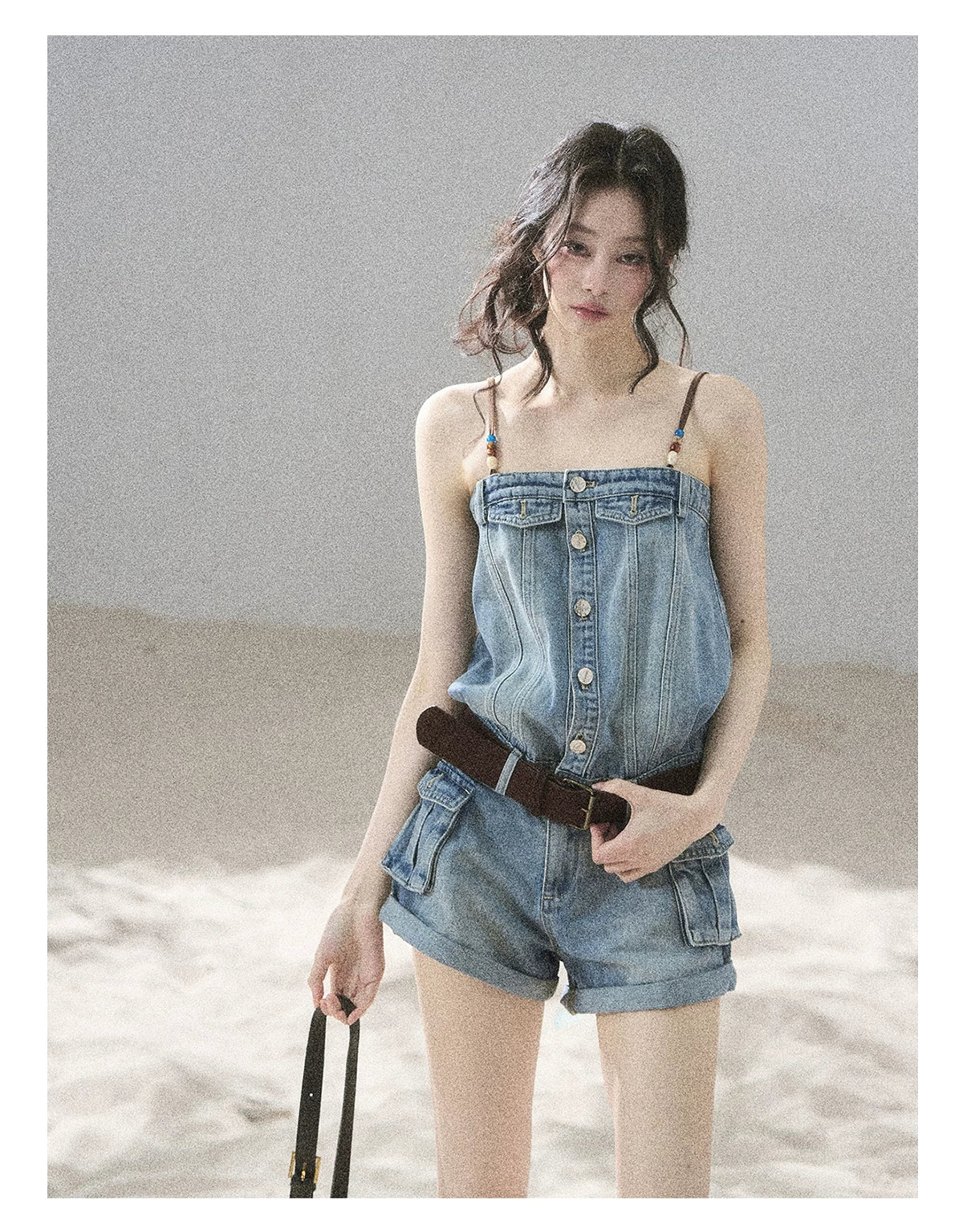 "A Walk by the Sea" Collegiate Blue Denim Utility Romper (With Belt)