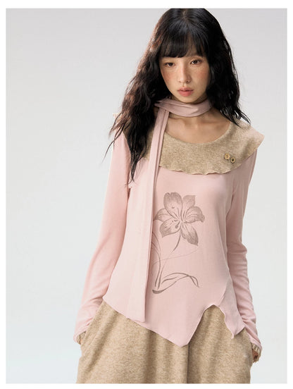 [CAN] "Dusky Floral Whispers" Blush & Chestnut Brown Set (Long Sleeve Top / Tassel Mini Skirt)
