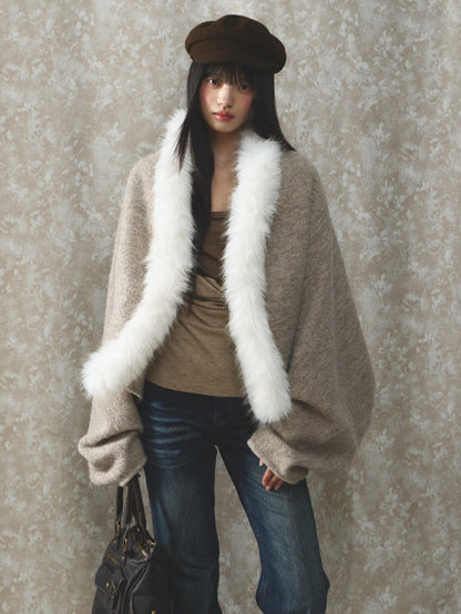 Soote Season - Lazy Cocoon Faux Fur Collar Batwing Wool Coat