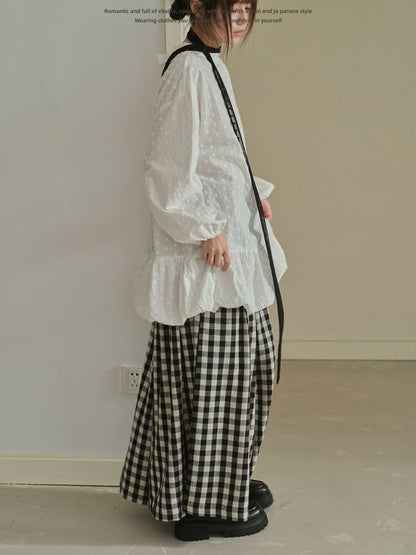 "Quiet Check" Plaid Wide Leg Trousers (Black & White Plaid)