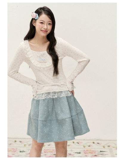 [RF] Cream Floral Peter Pan Collar Long-Sleeve Fitted Layering Top with Lace Details