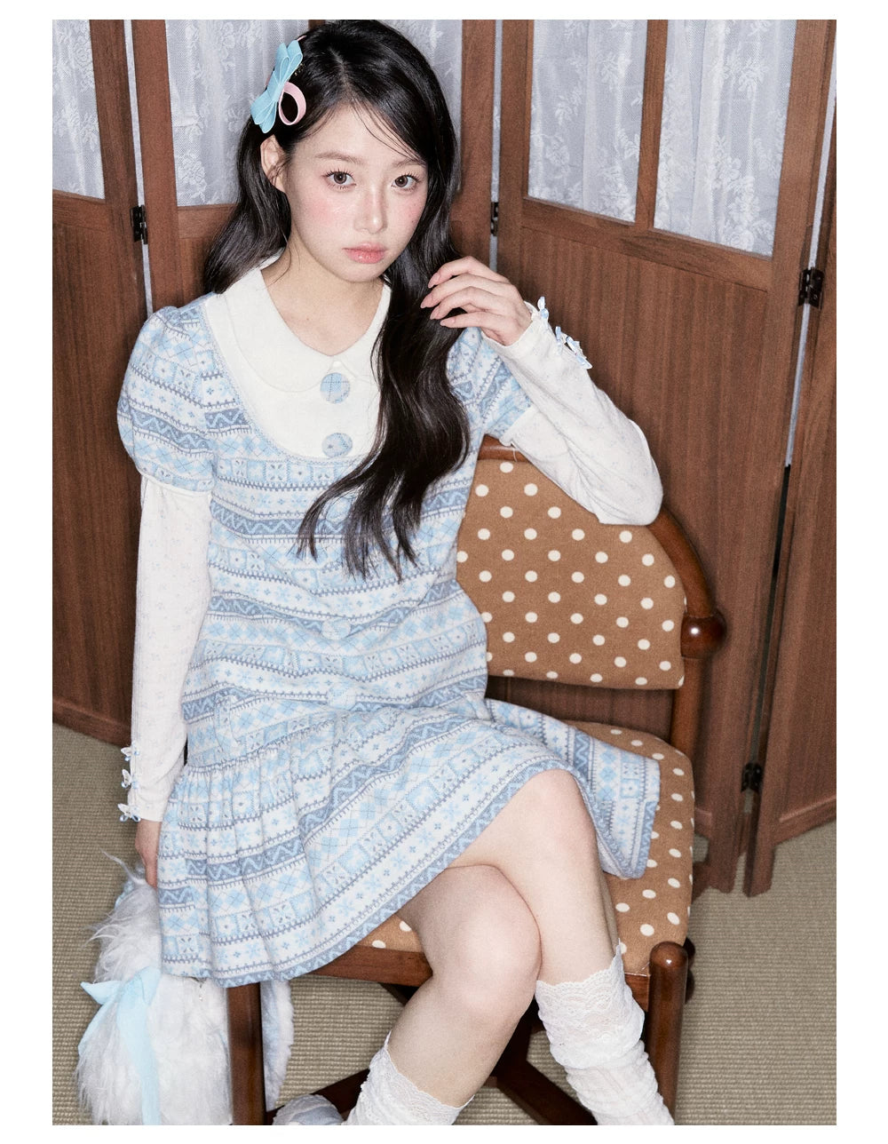 [RF] Vintage Geometric Jacquard Peter Pan Collar Knit Dress with Ruffle Hem