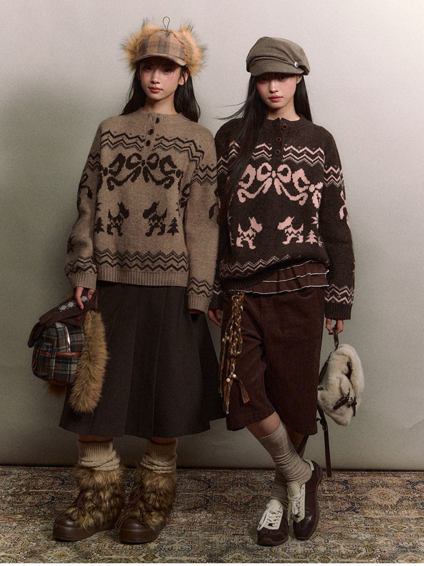 Soote Season - Fair Isle Cinnamon Bow Henley Knit Sweater