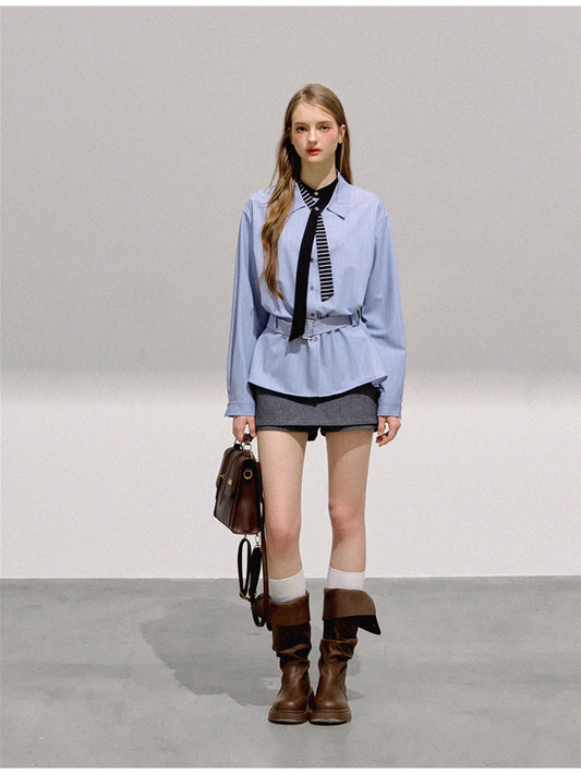 BOHOL BLING - Vintage Preppy Blue Striped Belted Loose Shirt