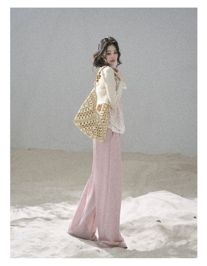 "Follow the Sea Breeze" Lightweight Straight-Leg Wide-Leg Pants (Lotus Pink/ Gray Sage Green/ Gray Blue)