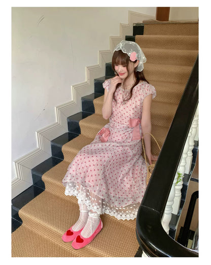 [RF] “Pink Mist Polka” Vintage Polka Dot Maxi Dress