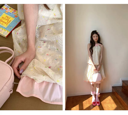“Peach Cream Brioche” Cream Apricot Floral Bubble Skirt Set