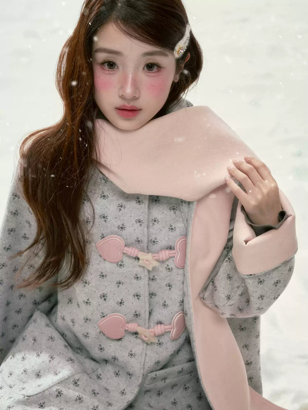 BIBIBENCY - Gray Floral Scarf-Trim Wool-Look Coat
